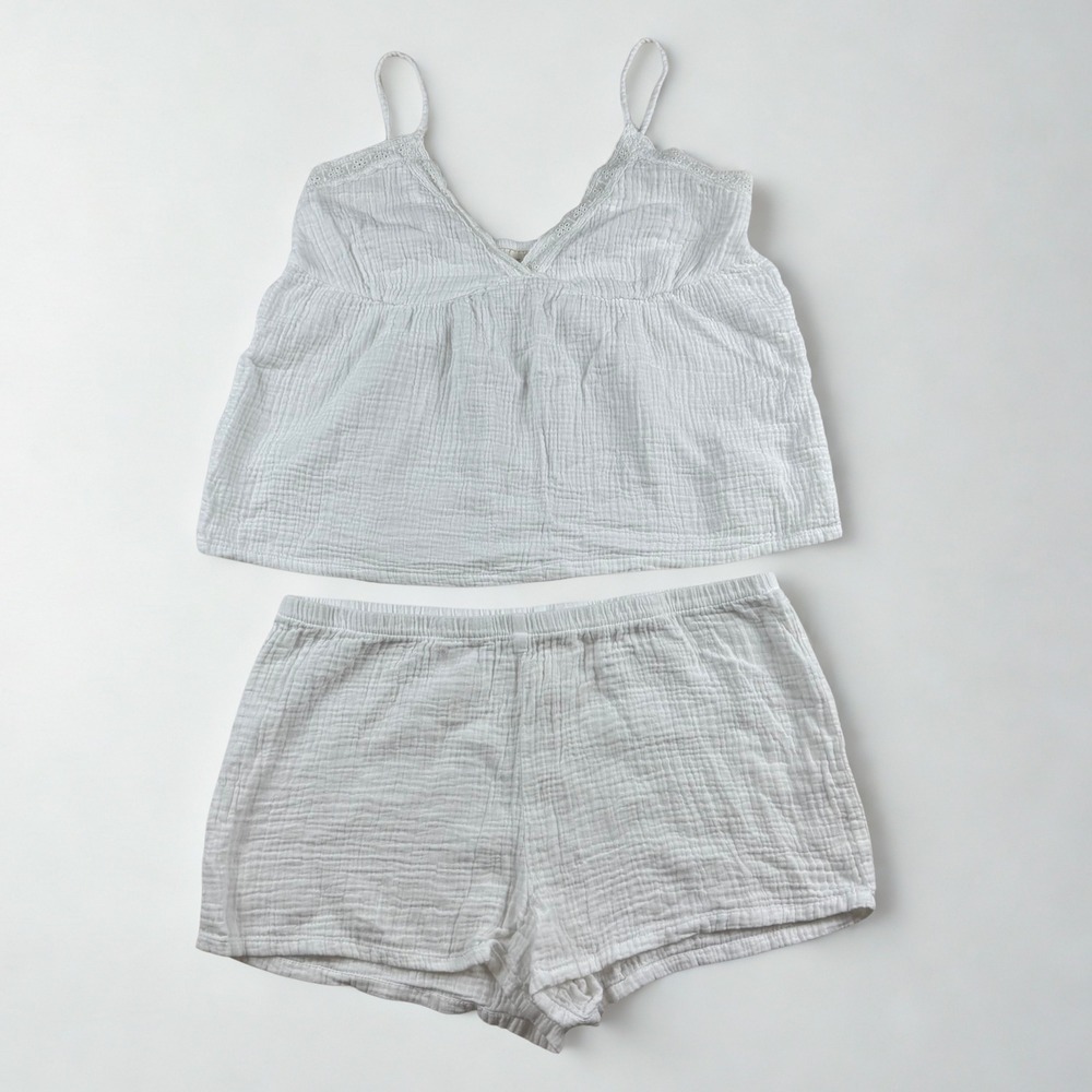 Laura Ashley Cami Shorts Pajama Set Womens XL White Cotton Gauze Loungewear